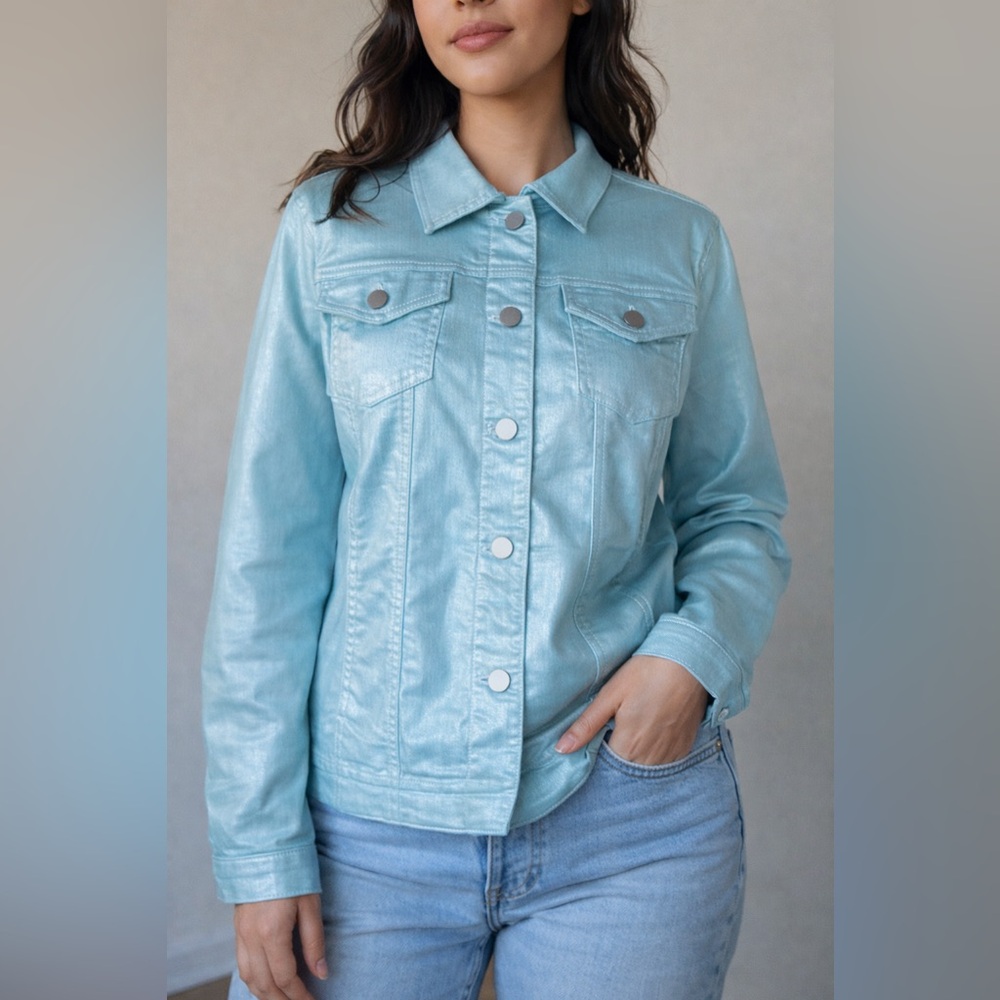 Chico’s Women’s Turquoise Shiny Stretch Denim Jacket Size 2- Size Large